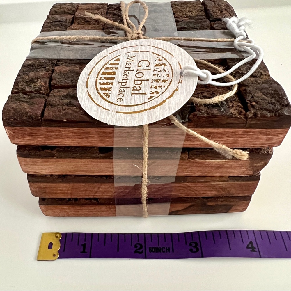 4 Pieces Natural Rustic Wooden Coasters with Tree Bark Square Wood Coaster Brown